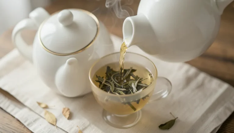 Tasse de thé Darjeeling first flush ambré clair dans une théière en porcelaine blanche à motif délicat, lumière naturelle douce