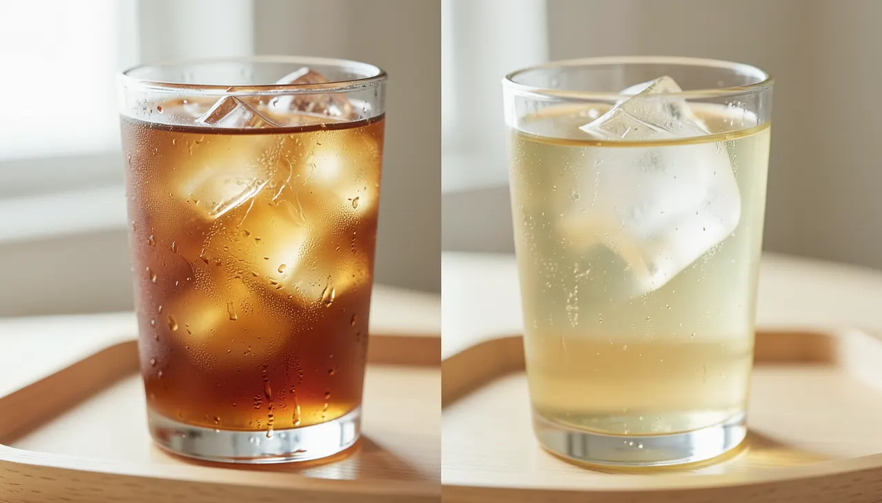 Différence visuelle flash chill vs cold brew Deux verres côte à côte : thé glacé flash chill ambré trouble et cold brew clair limpide avec glaçons