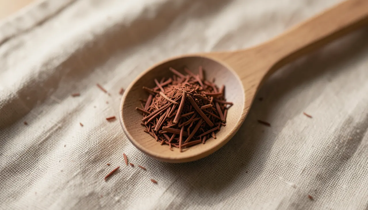 Dosage rooibos 2g pour 20cl Dosage rooibos en vrac dans une cuillère en bois sur fond lin