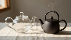 Comparatif ergonomie théière : anse latérale verre soufflé versus poignée supérieure fonte émaillée sur fond lin