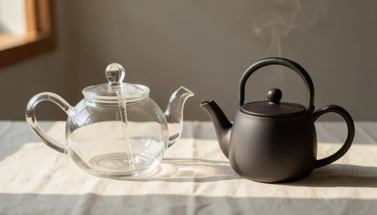 Comparatif ergonomie théière : anse latérale verre soufflé versus poignée supérieure fonte émaillée sur fond lin