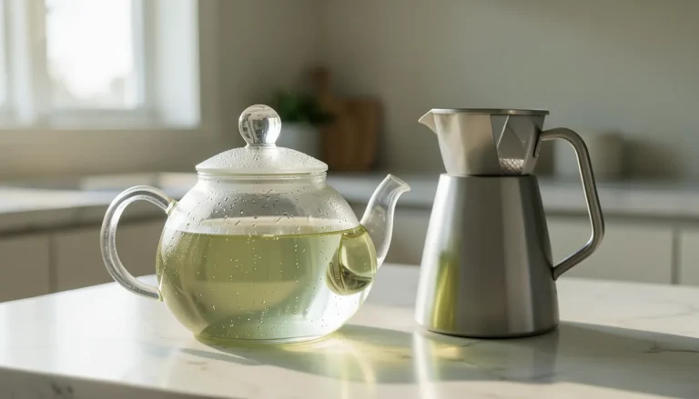 Théière en verre remplie de thé vert clair à côté d'une carafe filtrante en acier inoxydable