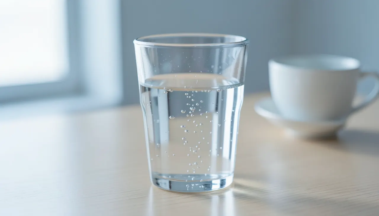 Eau pure dans un verre Verre d'eau claire avec fines bulles sur table en chêne clair