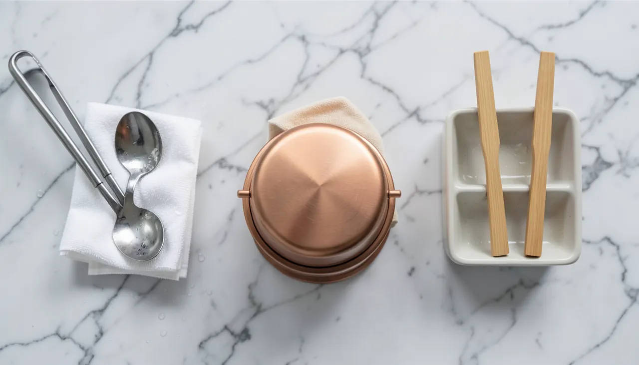 Entretien des matières Nettoyage accessoires thé : éponge douce sur inox, chiffon sur cuivre, séchage bambou vertical