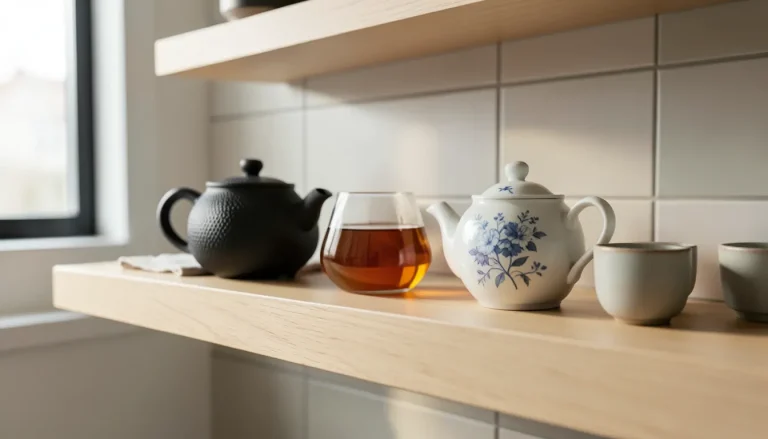 Collection de théières en fonte, verre et porcelaine exposées sur étagères murales en bois clair dans une cuisine lumineuse
