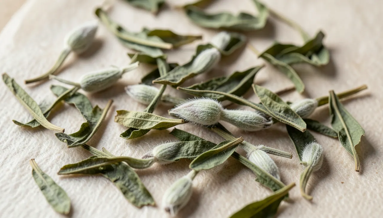 Gros plan sur des feuilles de thé Darjeeling First Flush sèches, vertes et argentées, texture duveteuse