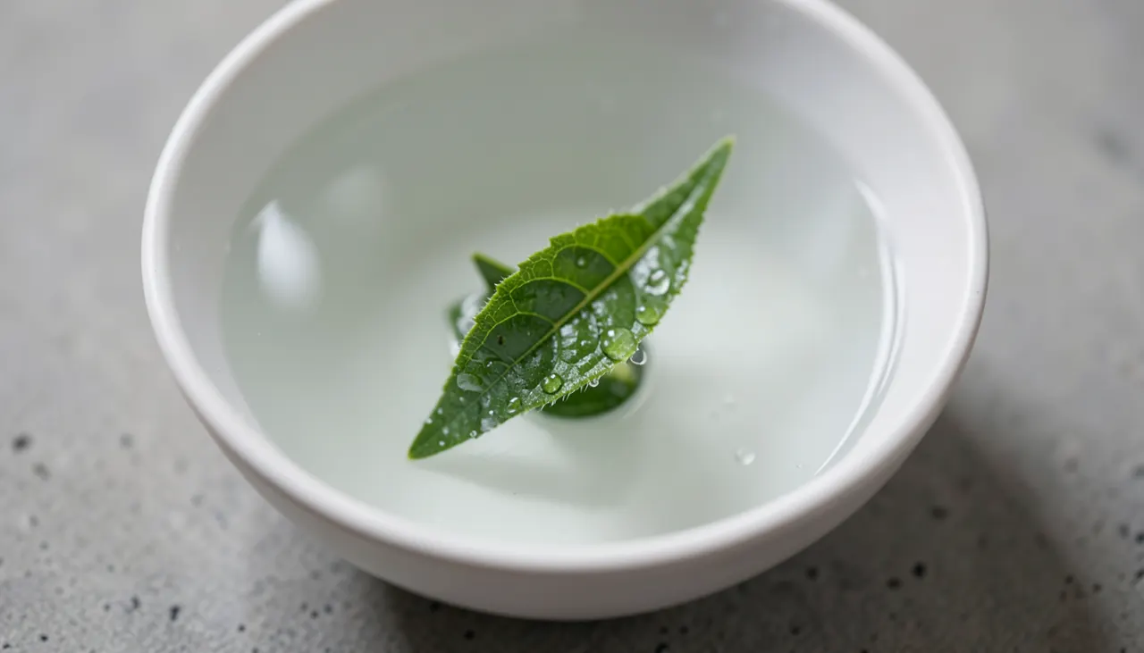 Feuilles thé vert infusion macro Gros plan macro sur feuilles de thé vert mouillées dans une tasse blanche, vapeur légère