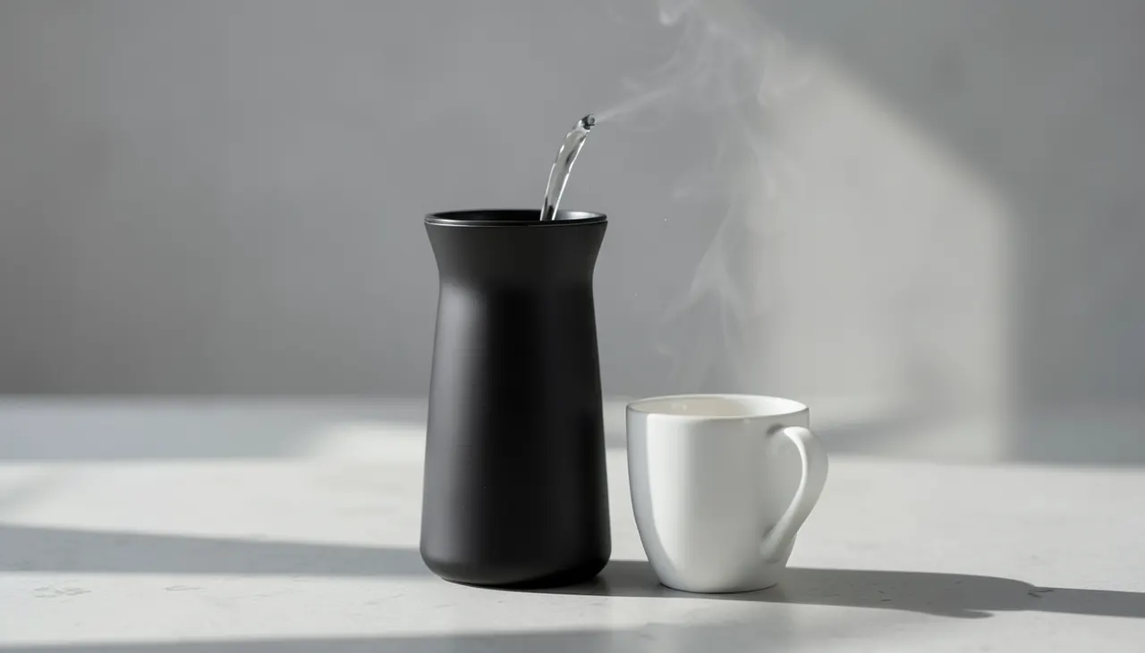 Filtration au charbon actif Carafe filtrante en charbon noir versant de l'eau dans une tasse blanche