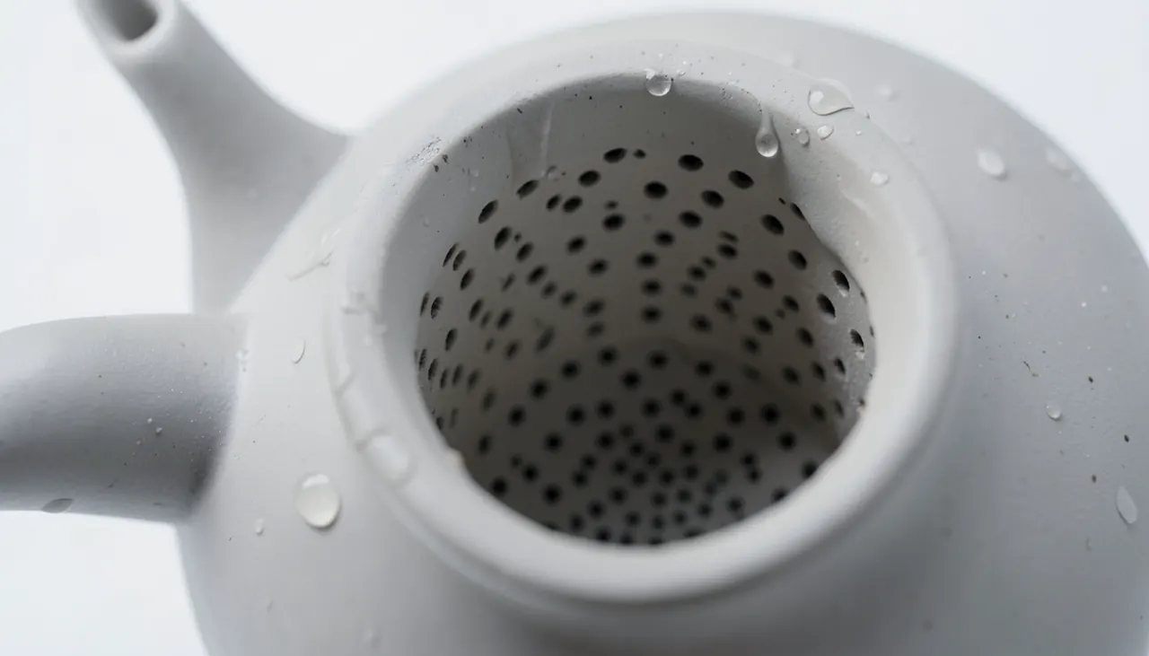 Filtre sasame : micro-perforations céramiques Gros plan sur le filtre sasame en céramique d'un Kyusu