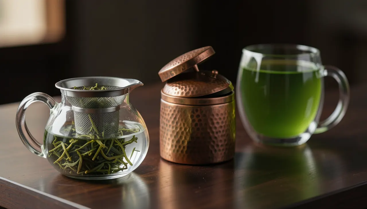 Filtrer, conserver, servir Infuseur panier inox dans théière verre, boîte thé cuivre patiné, tasse double paroi thé vert