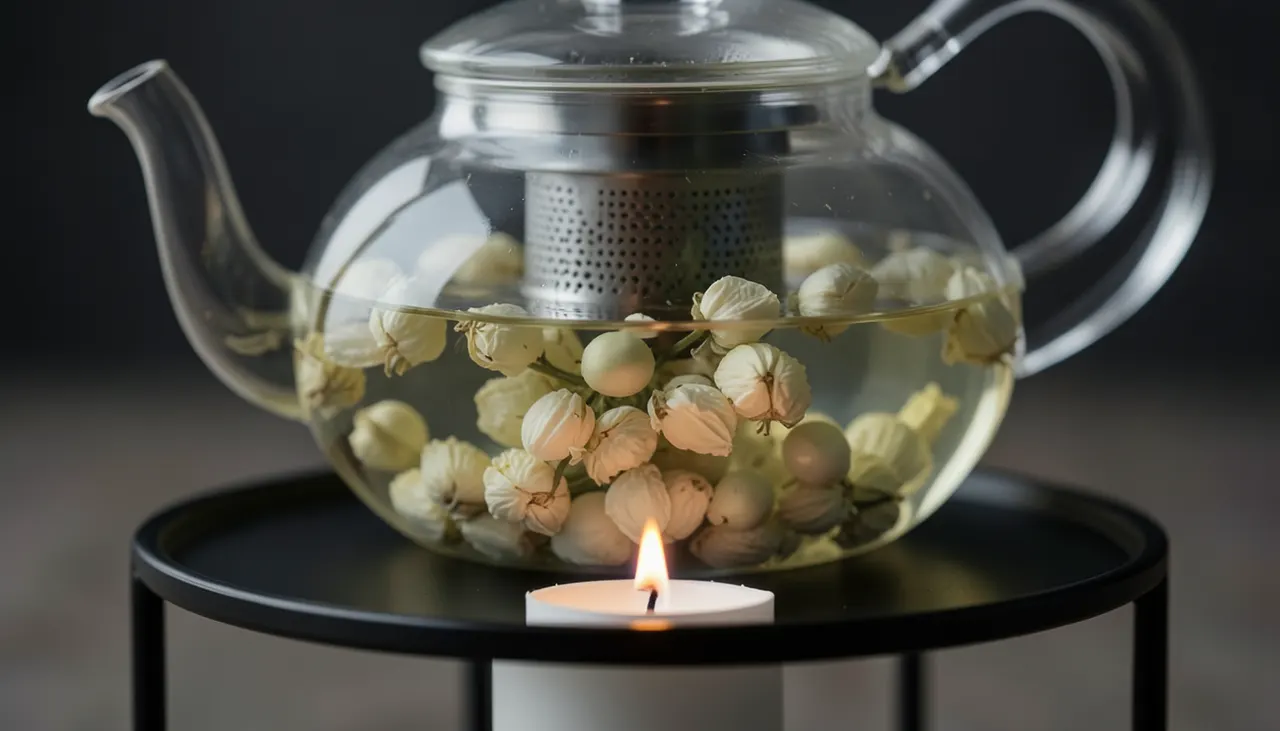Fonctionnement réchaud bougie théière verre Gros plan sur flamme de bougie sous théière en verre borosilicate, infusion claire visible
