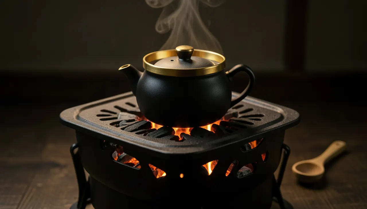Théière en fonte tetsubin noire sur réchaud en fonte, reflets dorés flamme
