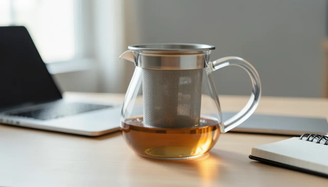 Format solo 0,5 L en verre borosilicaté Théière en verre 0,5 L pour une personne sur un bureau en bois clair