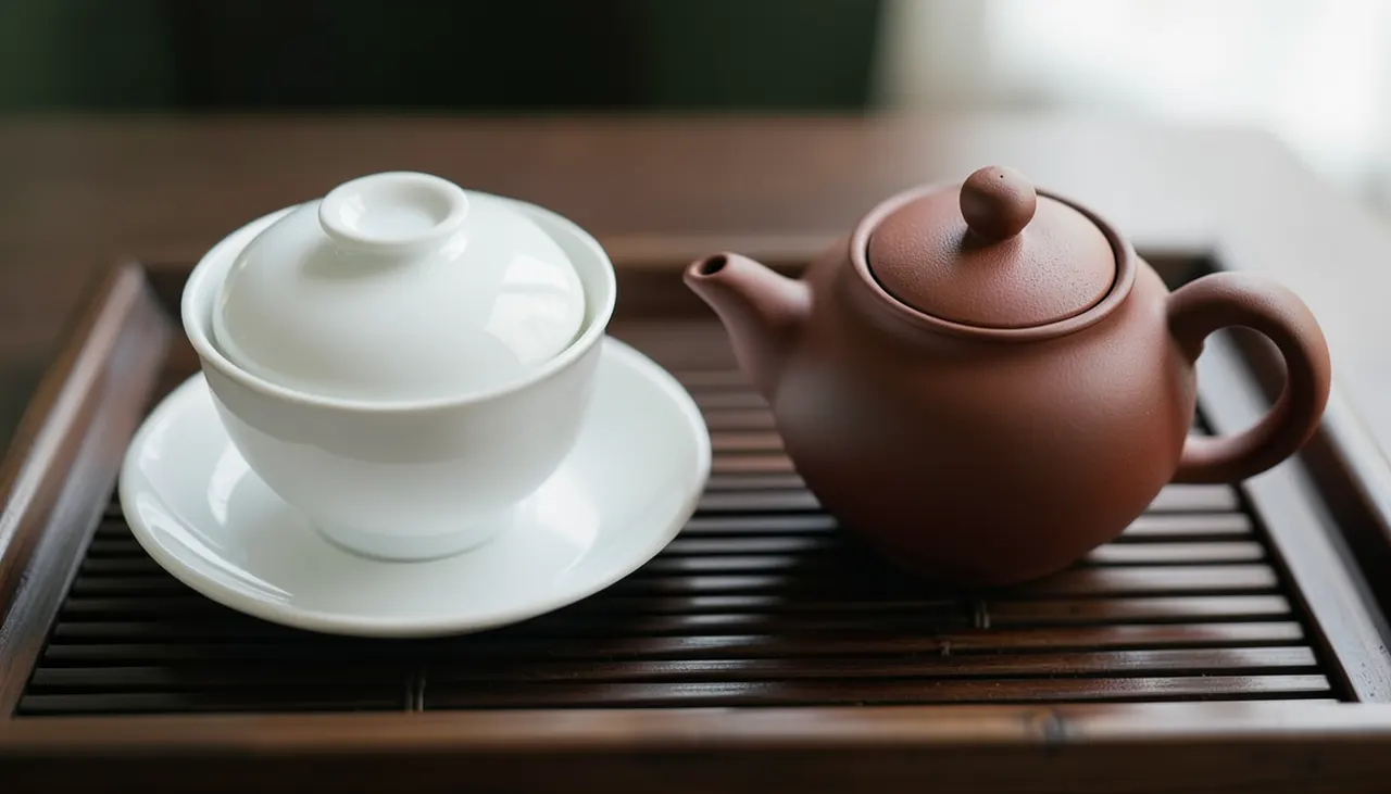 Gaiwan et théière Yixing : les deux vaisseaux de référence Gaiwan en porcelaine blanche et théière en argile zisha brune côte à côte sur plateau de thé en bambou