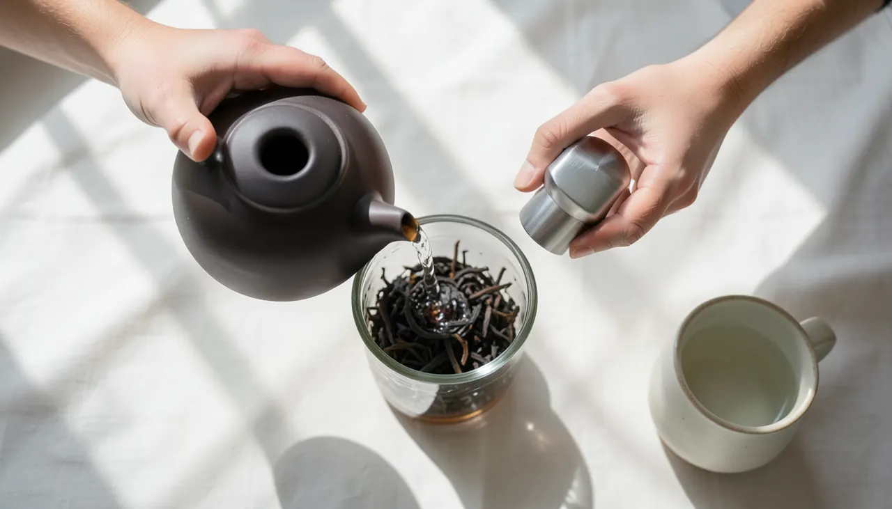 Geste d'infusion et pression piston Séquence gestuelle : main versant l'eau en spirale sur feuilles de thé oolong dans bécher verre, puis main appuyant lentement sur le piston inox, lumière naturelle zénithale