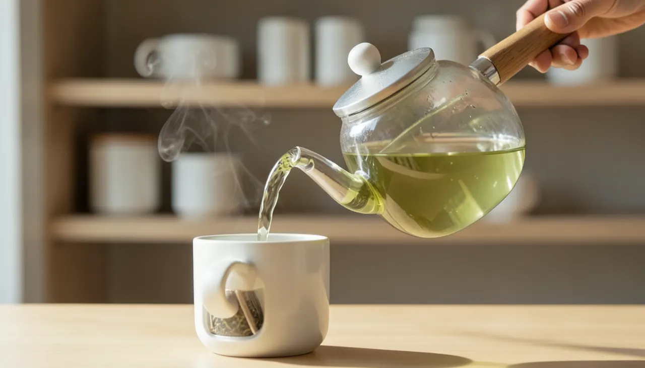 Geste d'infusion théière scandinave Théière scandinave 600ml en situation : versage thé vert dans tasse blanche, lumière latérale