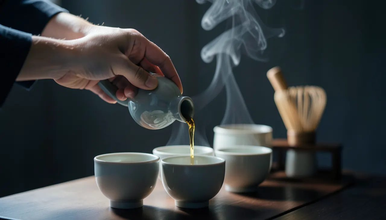 Geste d'infusion : versement bas et dernière goutte Main versant le thé d'un Kyusu bas au-dessus de trois tasses