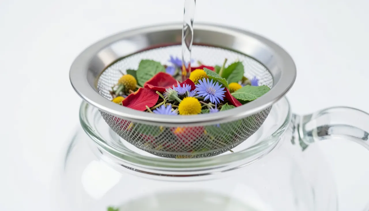 Infuseur inox mailles fines Gros plan sur un infuseur inox à mailles laser fines posé sur le bord d'une théière en verre, rempli de plantes colorées