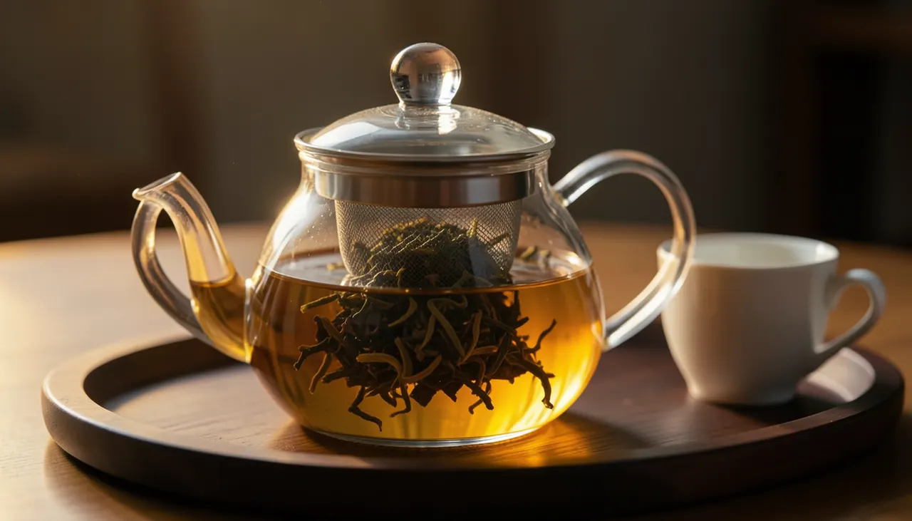 Théière en verre borosilicate transparente montrant l'infusion de Darjeeling Second Flush ambré, feuilles déployées