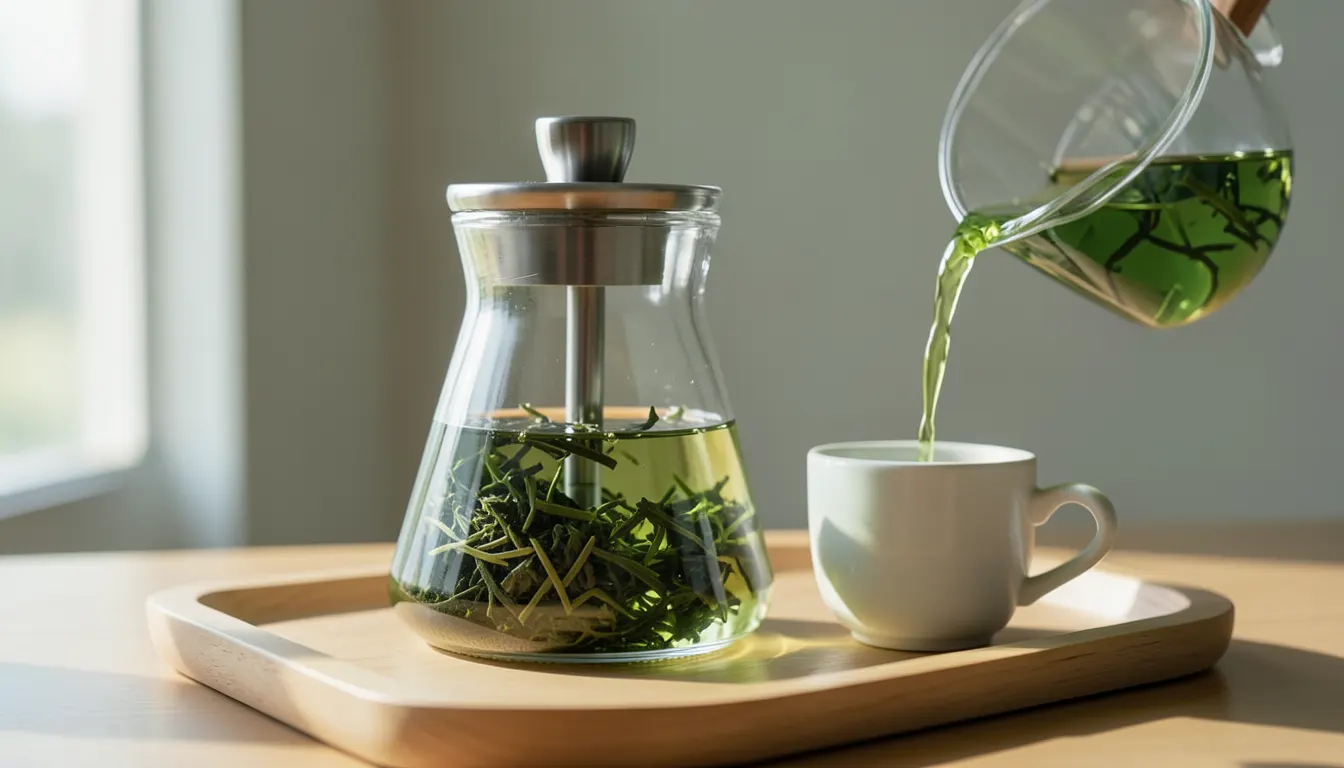 Infusion parfaite à la théière à piston Théière à piston en verre borosilicate en train d'infuser du thé vert, piston baissé, liqueur limpide versée dans une tasse en porcelaine blanche