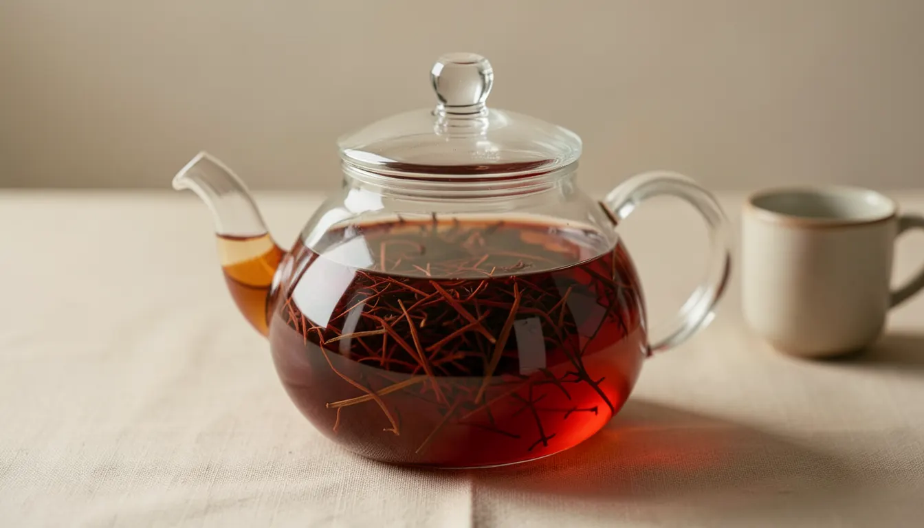 Infusion rooibos dans théière en verre Théière en verre soufflé remplie d'infusion rooibos rouge ambré, lumière naturelle latérale