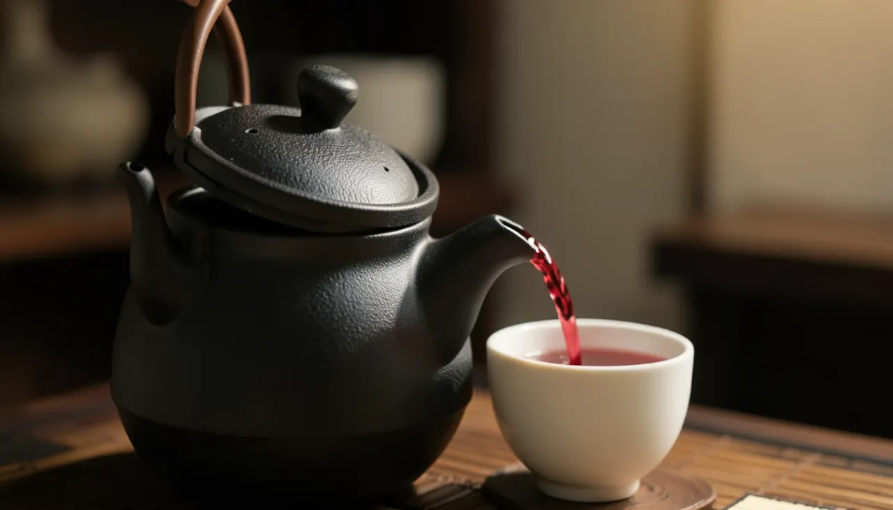 Infusion rooibos théière fonte Théière en fonte émaillée noire, couvercle ouvert, infusion rooibos rouge vif