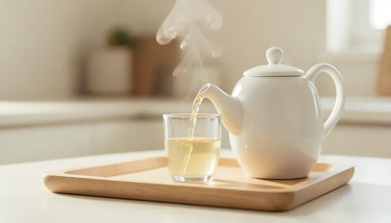 Théière en porcelaine blanche versando un thé blanc clair dans une tasse en verre, vapeur douce, lumière matinale