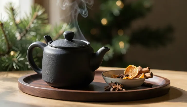 Préparation d'un thé de Noël épicé dans une théière en fonte japonaise avec écorces d'orange et bâtons de canelle