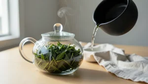 Eau versée à 75°C dans une théière en verre soufflé contenant des feuilles de thé vert sencha