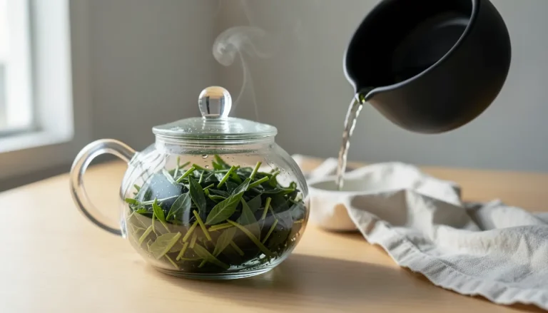 Eau versée à 75°C dans une théière en verre soufflé contenant des feuilles de thé vert sencha