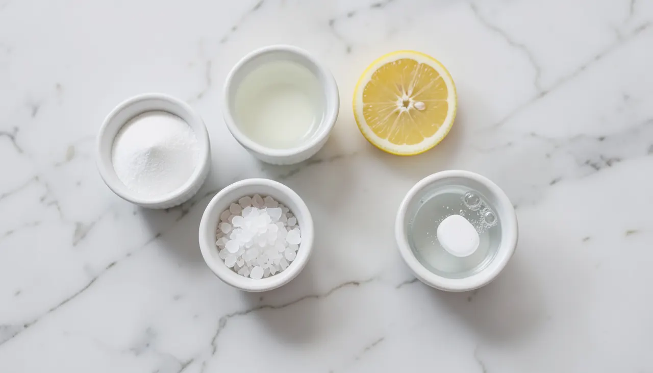 Ingrédients nettoyage naturel tanin Quatre petits bols en céramique blanche contenantそれぞれ bicarbonate, vinaigre, citron sel, pastille effervescente, disposés en arc de cercle sur plan de travail marbre clair