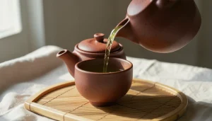 Théière Kyusu en argile de Tokoname versant du thé vert sencha dans une tasse