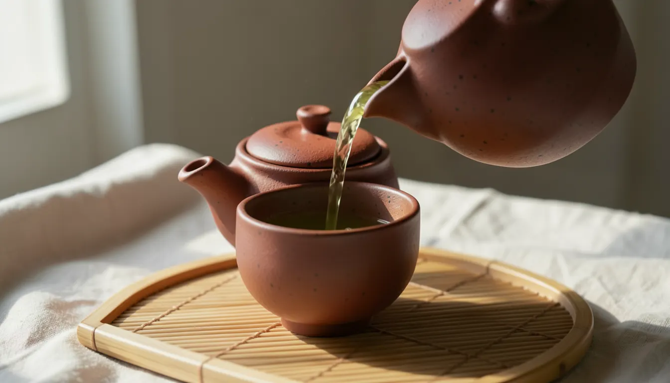 Kyusu Tokoname : l'iconique théière japonaise à anse latérale Théière Kyusu en argile de Tokoname versant du thé vert sencha dans une tasse