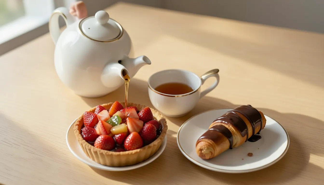 L'art du Tea Pairing : thé et pâtisseries Théière en porcelaine blanche versée dans une tasse à thé assortie à côté d'une tarte aux fraises fraîches et d'un éclair au chocolat sur table en bois clair