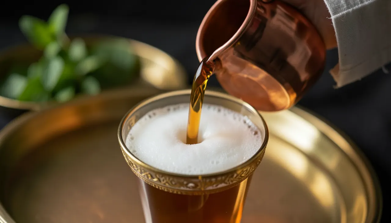 L'oxygénation en hauteur : création de la mousse (raha) Geste du thé marocain : main tenant une théière en cuivre haute au-dessus d'un verre à thé, jet d'ambre mousseux créant la raha