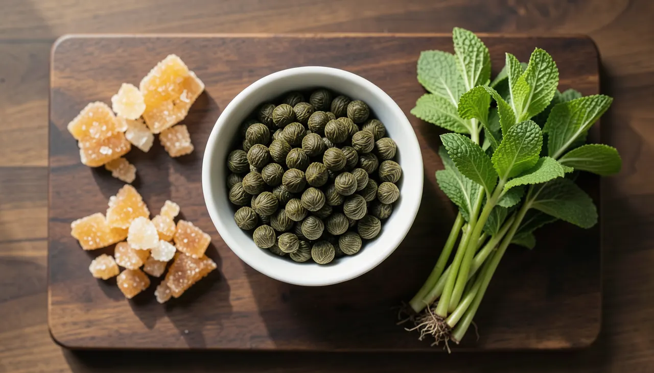 La trinité du thé marocain : Gunpowder, menthe nanah, sucre en morceaux Ingrédients du thé marocain : thé vert gunpowder en vrac, menthe nanah fraîche en botte, morceaux de sucre de canne brut sur plan de travail en bois