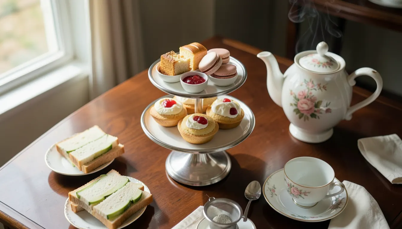 Table dressée pour un Afternoon Tea britannique avec support trois étages, théière en porcelaine fine osseuse, tasses à pied et lumière naturelle
