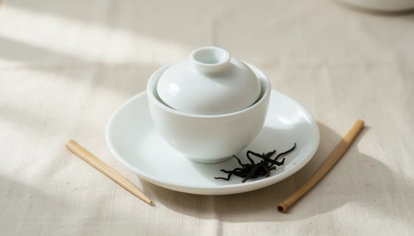 Le gaiwan, outil de référence pour la dégustation Gaiwan en porcelaine blanche de Dehua posé sur une nappe en lin naturel, lumière latérale douce