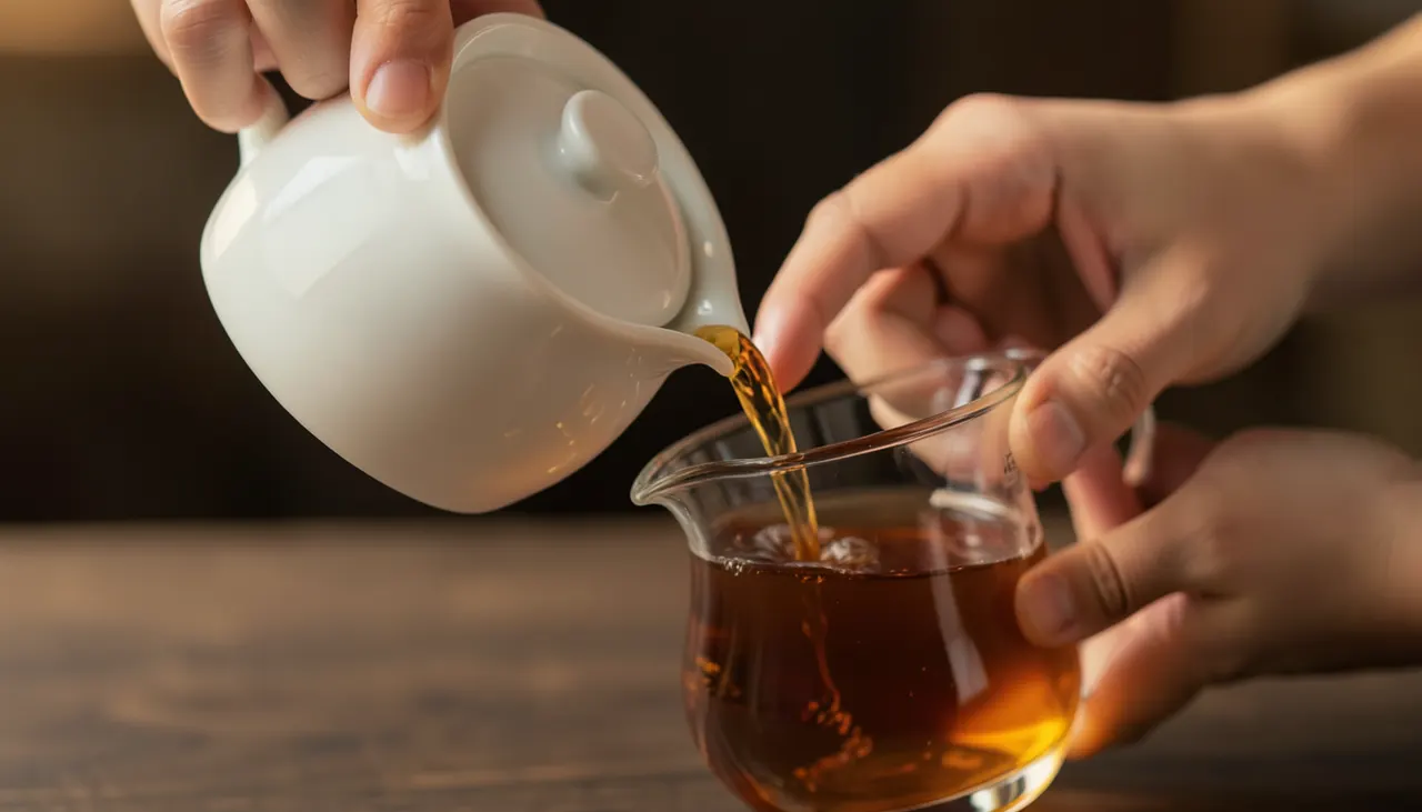 Le geste de verse : pouce, index, majeur Mains tenant un gaiwan en porcelaine, verse l'infusion dans un pichet en verre, geste précis