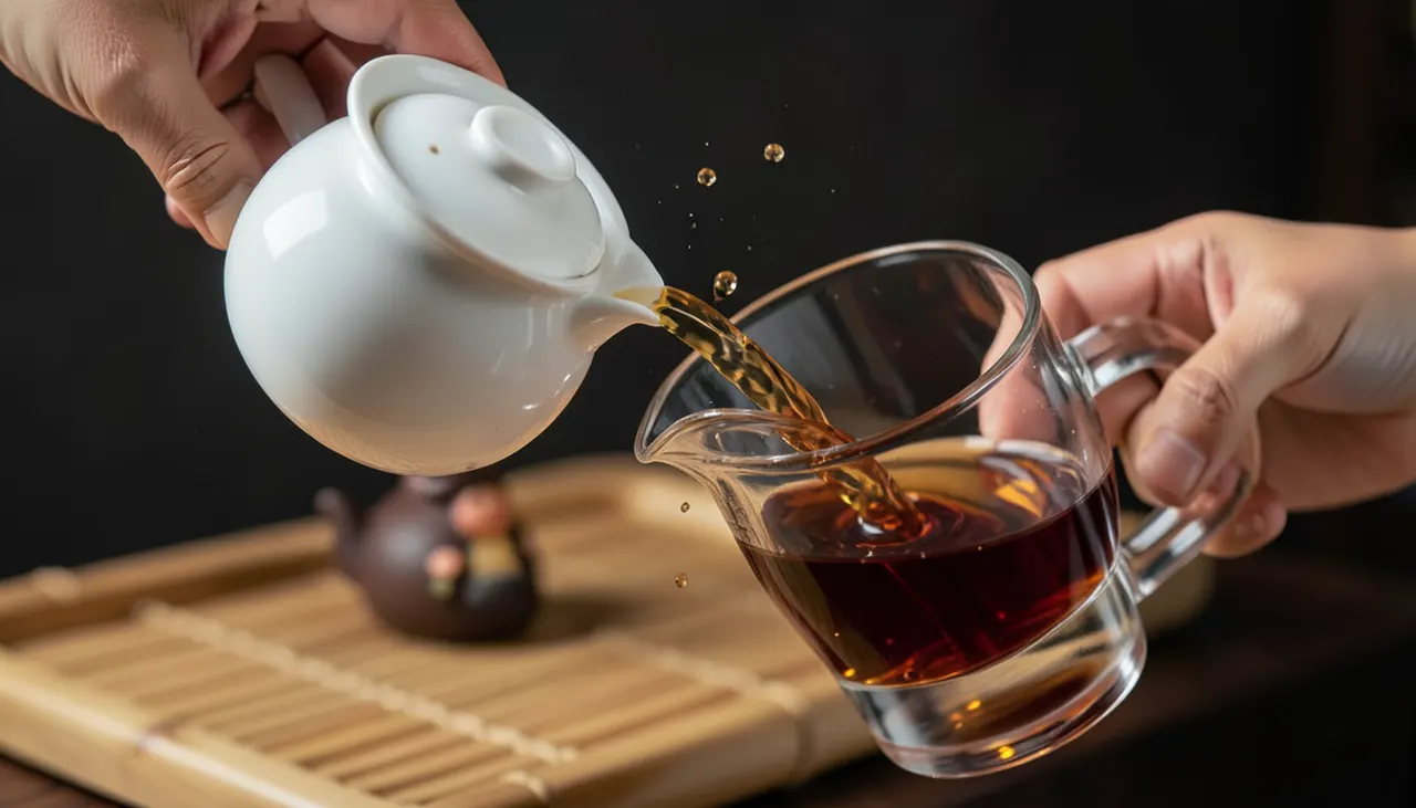 Le geste précis : verser dans le gong dao bei Versement du thé Pu-erh ambré depuis un gaiwan vers un pichet de service en verre sur plateau bambou