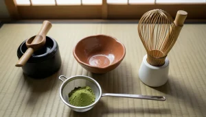 Set complet de préparation matcha traditionnel sur tatami : bol chawan raku, fouet chasen 100 brins, cuillère chashaku bambou, boîte natsume laquée.