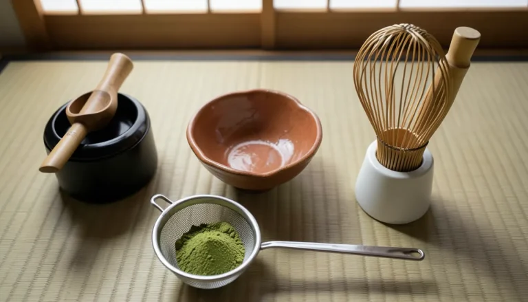 Set complet de préparation matcha traditionnel sur tatami : bol chawan raku, fouet chasen 100 brins, cuillère chashaku bambou, boîte natsume laquée.