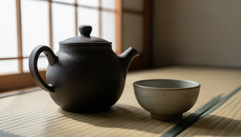 Théière en fonte japonaise tetsubin et bol en céramique sur tatami, lumière naturelle