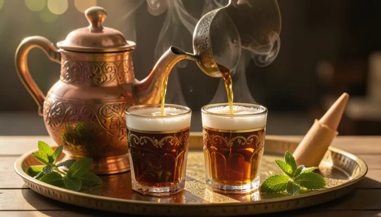 Théière marocaine traditionnelle en cuivre ciselé versent du thé à la menthe dans des verres à thé décorés sur un plateau en laiton