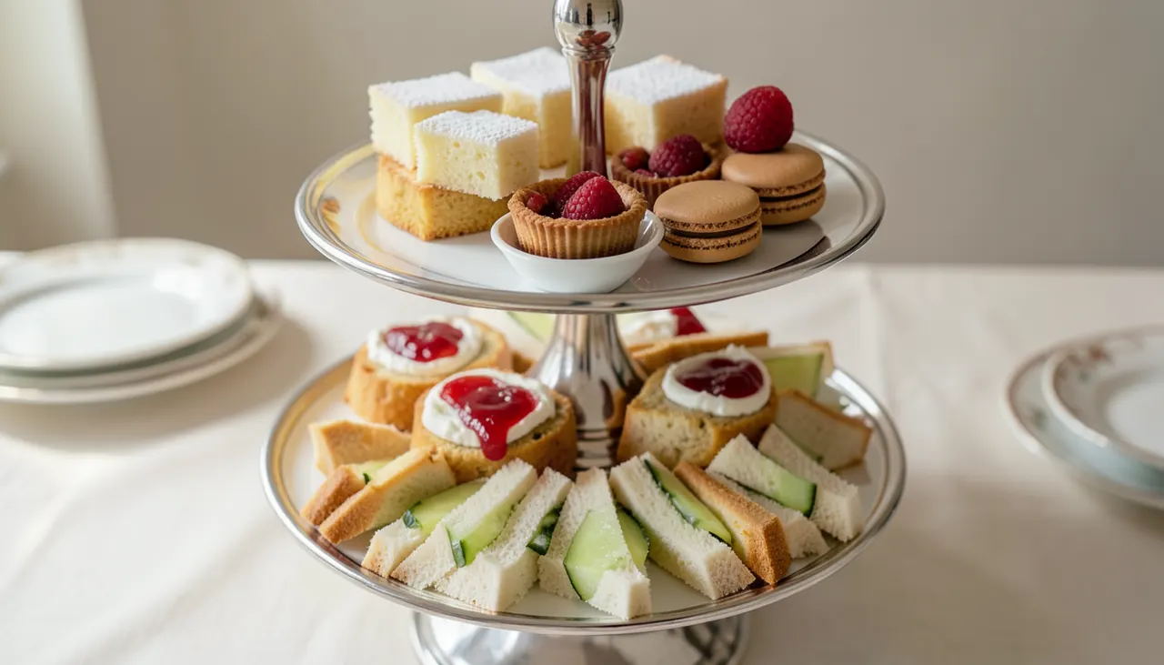 Support à étages argenté trois niveaux garni sandwichs concombre, scones crème confiture, pâtisseries fines, lumière latérale douce