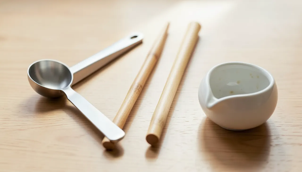 Le trio dosage, préhension, repos Gros plan sur cuillère doseuse acier, pince bambou et repose-sachet porcelaine posés sur bois clair