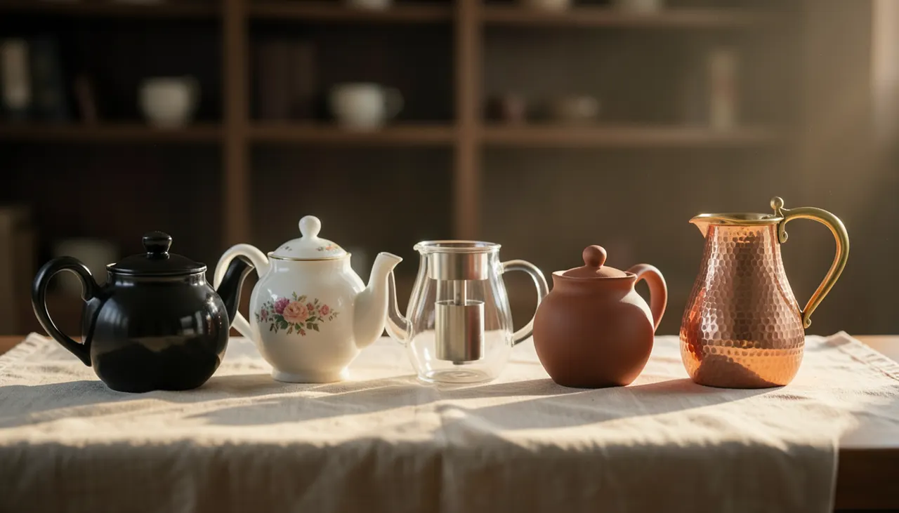 Les 5 matières emblématiques chez Maison Théière Alignement de 5 théières matières différentes : fonte noire, porcelaine blanche, verre transparent, argile rouge, cuivre martelé