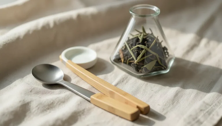 Composition d'accessoires pour le thé sur lin lavé : cuillère doseuse en acier, pince en bambou, repose-sachet en porcelaine, infuseur en verre