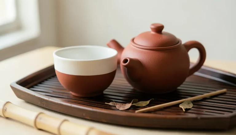 Théière en argile Yixing et gaiwan en porcelaine sur plateau à thé en bambou, préparation Gong Fu Cha