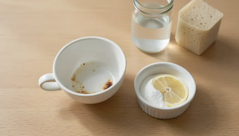 Tasse en porcelaine blanche tachée de thé au fond, à côté d'un bol de bicarbonate de soude et d'un citron coupé sur une table en bois clair